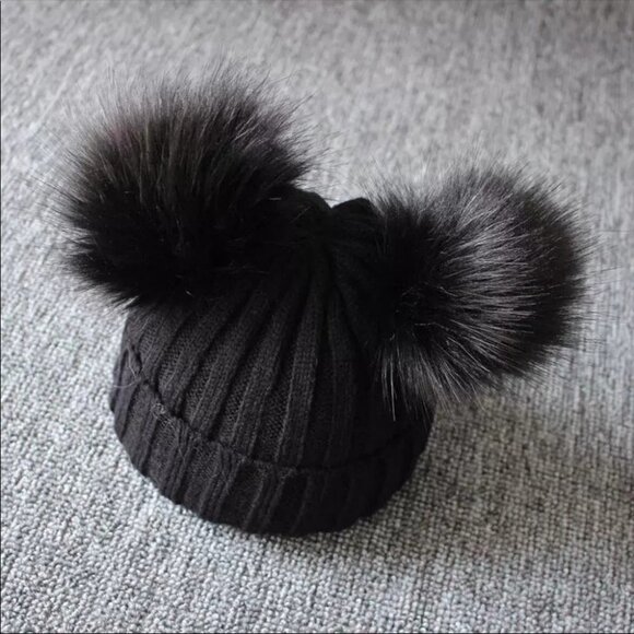 Black Knit Cildren’s Beanie with Pom Poms - Picture 1 of 4